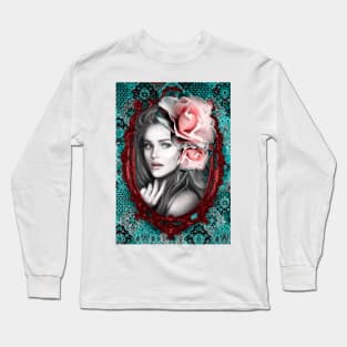 Green and Pinik roses Painting with Beautiful Girl, Vintage Art Digital Artwork Long Sleeve T-Shirt